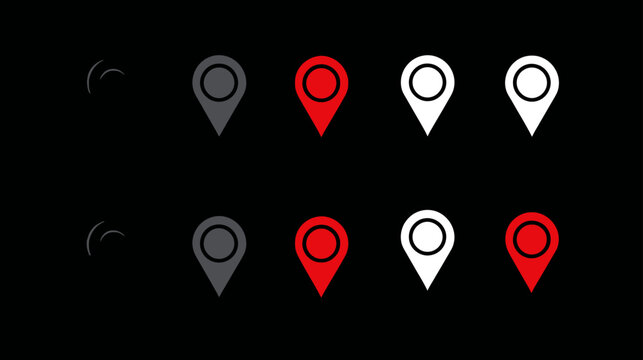 Set of various map pin icons for location, navigation, and GPS. Collection of red, white, and grey pointers for UI design.