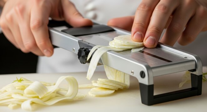 Hands using mandoline to slice vegetable.