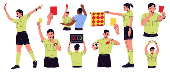 Flat vector illustration set of a soccer referee and assistant referee showing red and yellow cards, signaling fouls, offside with flag, checking watch, and displaying VAR. for football rules © NUR