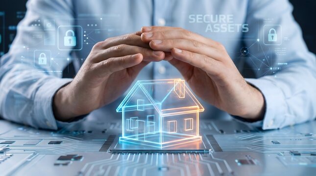 Digital Home Security and Asset Protection Concept with Hands Guarding a Futuristic House on a Circuit Board