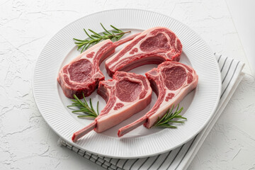Fototapeta premium Raw Lamb Chops on White Plate with Fresh Rosemary on White Textured Background, Premium Meat Concept