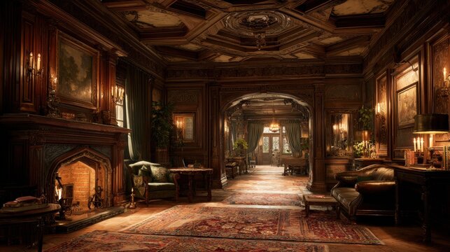 Ornate victorian living room with crackling fireplace