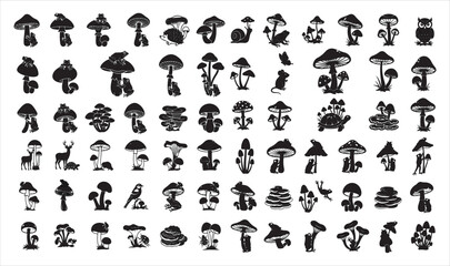 Fototapeta premium Collection of various black and white mushroom illustrations