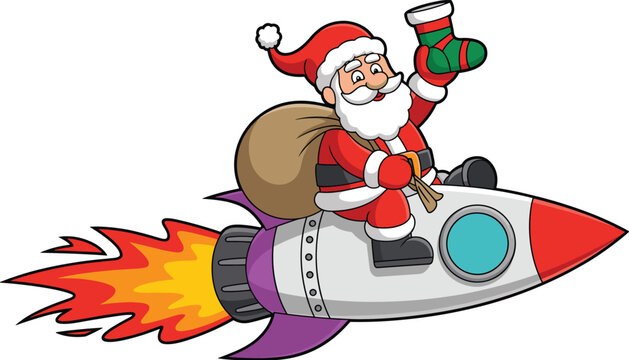 Funny Santa Claus riding rocket holding gift festive cartoon illustration flat vector