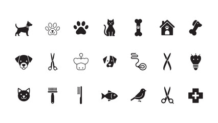 Obraz premium Pet grooming icons, animal care symbols, veterinary signs, 20 black and white graphics