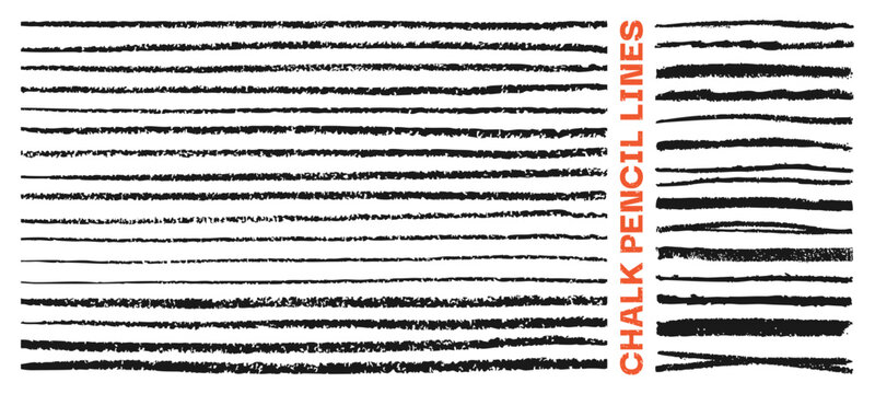 Horizontal chalk stripes with rough sketch texture set. Lined paper look and childish doodle feel. Funky thin lines pattern in crayon and pencil drawn style. Strokes and grunge marks playful art