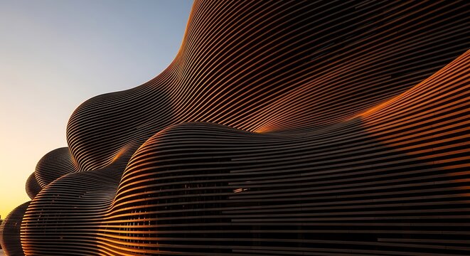Modern parametric architectural structure with wavy metal slats glowing in warm golden hour sunset light creating an abstract organic pattern
