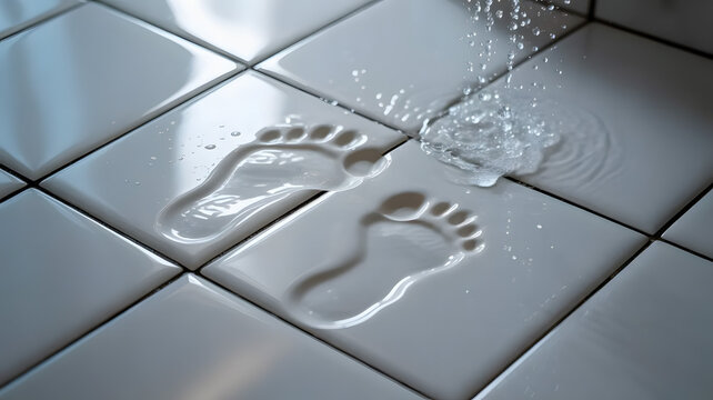 Footprints on the bathroom tiles