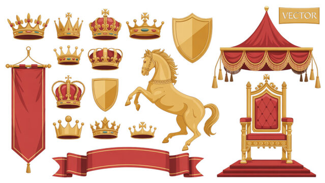 Historical parade with banners, trophies, and a lion statue Vector