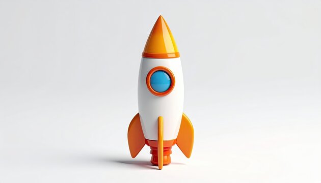 Cartoon rocket ship with orange fins and a round blue window on a clean white background in a fun 3D render style