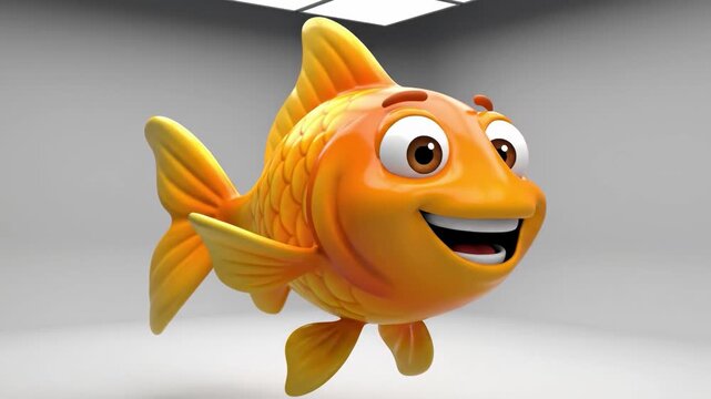 A cheerful golden fish with a smile floats happily in a gray room.