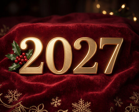 Luxury golden 2027 3D numbers on red velvet fabric with Christmas holly and berries.