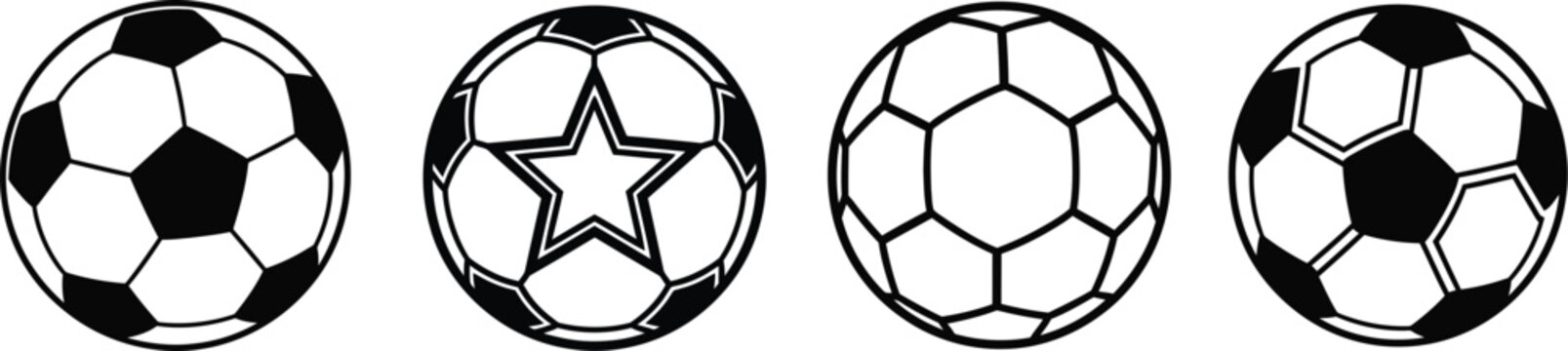 Collection of four distinct black and white soccer ball designs, featuring classic patterns, a star motif, and hexagonal shapes, perfect for sports graphics.