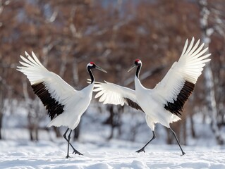 Fototapeta premium 雪原で羽を広げて美しく舞い踊るつがいのタンチョウと冬の北海道の自然風景写真