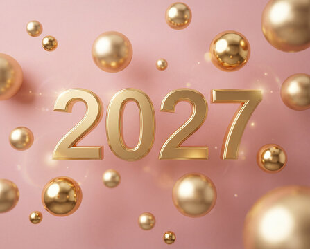 Modern 2027 3D numbers in gold surrounded by floating golden spheres on a pink background.