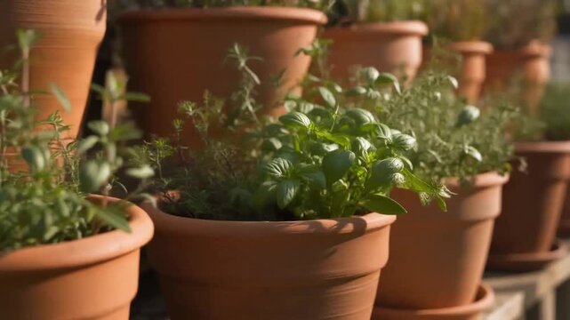 Close up view of lush green herb plants growing in a row of terra cotta pots arranged outdoors under bright sunlight showing fresh botanical detail