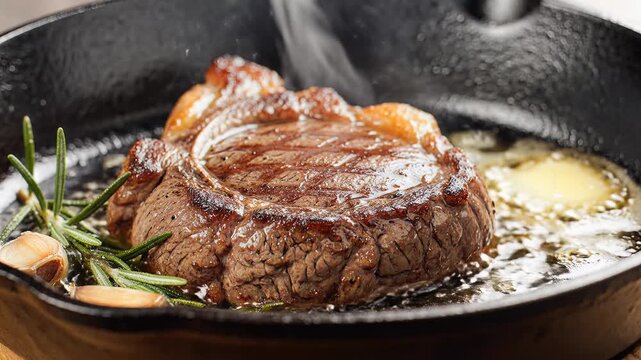 Juicy Ribeye Steak Sizzling in Cast Iron Skillet with Rosemary and Garlic.