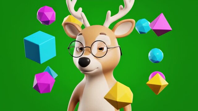 A cheerful cartoon reindeer wearing glasses and surrounded by floating colorful geometric shapes on a green background, conveying a sense of joy and p