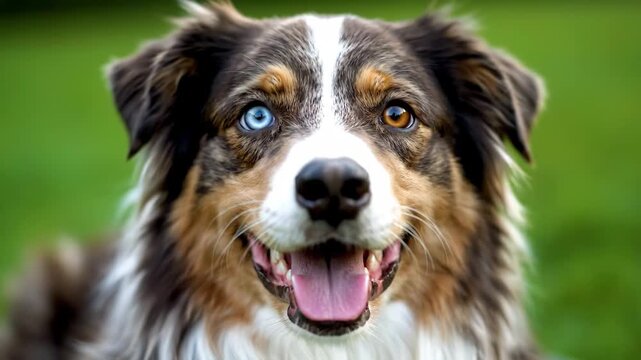 Smiling Australian Shepherd dog with striking blue and brown eyes outdoors