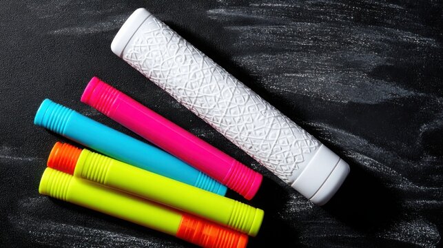 A compact, ergonomic whiteboard eraser with colorful markers, ideal for office and school supplies