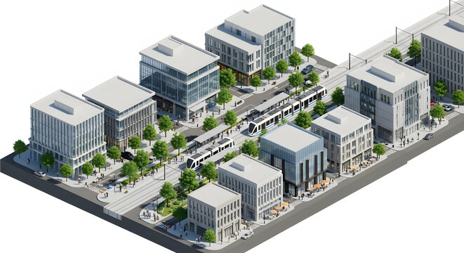 Isometric 3D Modern Urban City Planning with Sustainable Public Transport Light Rail and Office Buildings Architectural Visualization