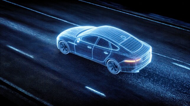 Digital car model on road with glowing blue dots and lines, futuristic technology concept for autonomous vehicle, smart transport and innovation in automotive industry.
