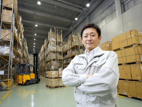 巨大な倉庫で腕組みをして自信に満ちた表情で微笑む作業着姿の男性従業員とフォークリフト