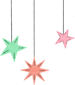 Hand-painted graphics with multicolored stars hanging from them