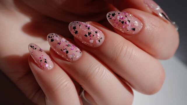 A close up view of beautiful gel nails on a lady&rsquo;s hands with glossy finish and elegant nail art, set against a soft bokeh background capturing luxury beauty, fashion style, and salon perfection scene