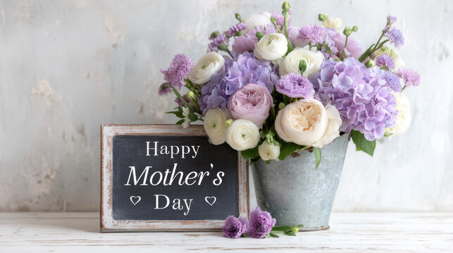 Happy mothers day chalkboard sign with purple hydrangeas and white roses bouquet in metal bucket
