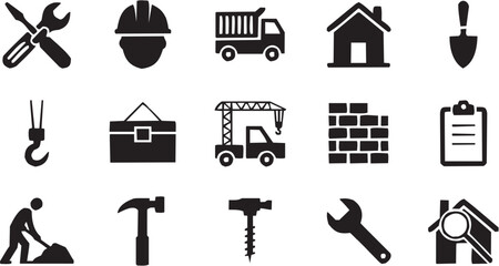 Building construction vector illustration for industrial tattoo or transport logo. Glyph pictograms of dump truck, brick wall and house. Vector illustration isolated on transparent background © Ethan