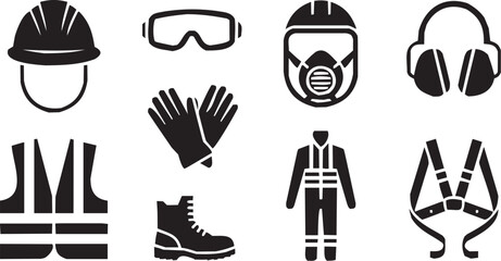 Fototapeta premium Safety gear vector illustration for industrial tattoo or protective logo. Glyph pictograms of gloves, respirator mask and vest. Vector illustration isolated on transparent background