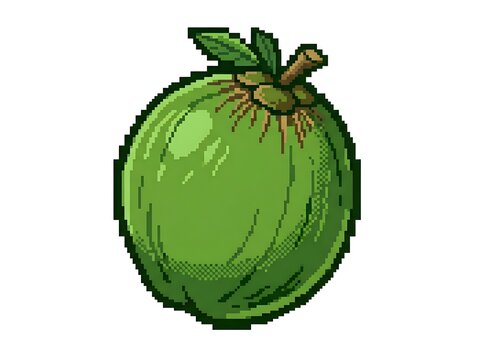 Green coconut fruit in 16-bit pixel art style isolated on white background. Retro aesthetic icon for games, summer designs, and tropical concepts.