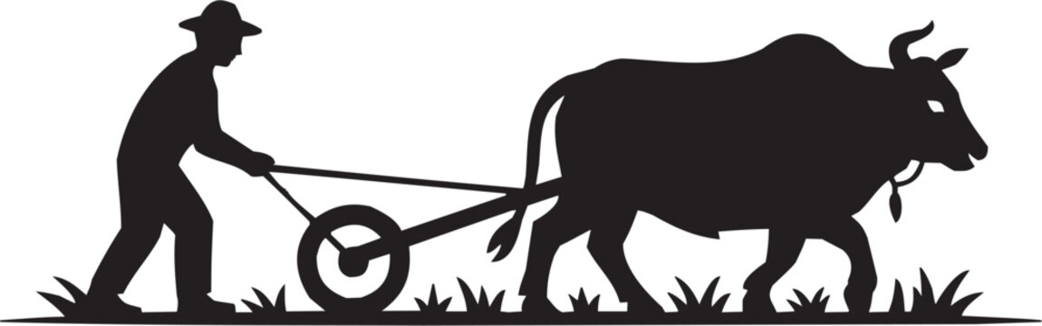 Agriculture plowing vector illustration for farming tattoo or rural logo. Glyph pictograms of worker using hoe tool. Vector illustration isolated on transparent background