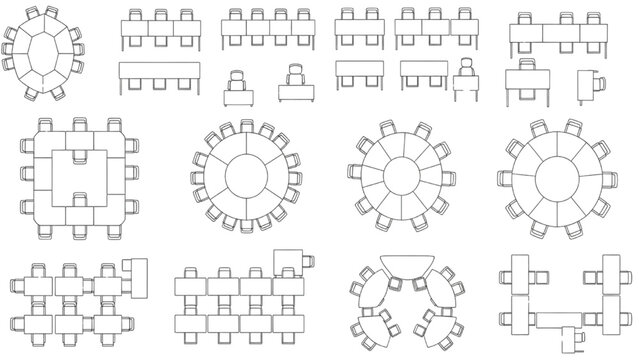 Top-view vector illustrations of various table and chair arrangements for event planning and office design