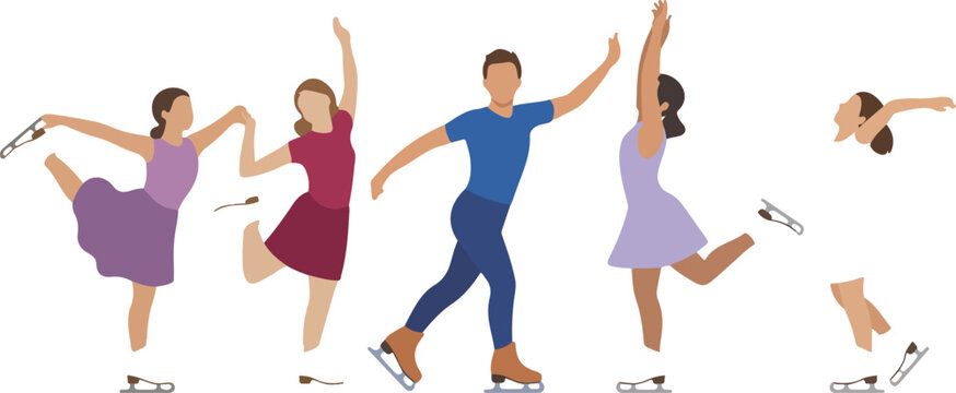 Modern vector of dancing figures in various poses with dresses and movement expressive choreography illustration set