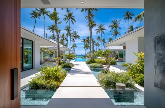 Luxury tropical resort with swimming pool and garden area