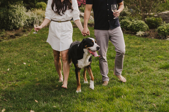 Couple Walking with Wine & Dog