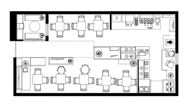 Restaurant Floor Plan CAD Layout with Dining Area and Commercial Kitchen, Architectural Blueprint for Hospitality Design