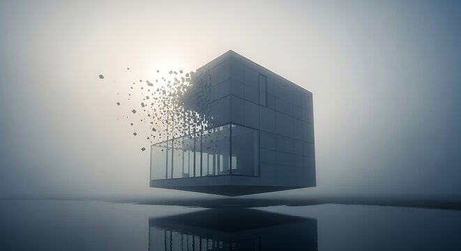 A surreal modern house appears to be dissolving into the air with a serene and peaceful atmosphere