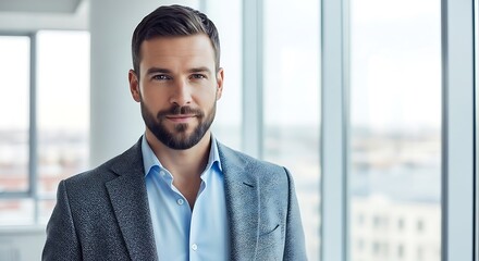 Fototapeta premium Bearded professional man wearing a grey textured blazer and light blue shirt stands in a bright modern corporate office with large glass windows