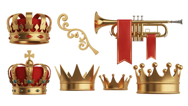 Vintage royal and musical instruments icon set featuring crowns and brass instruments Vector