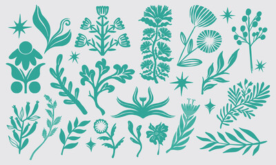 Fototapeta premium Stylized hand drawn botanical design elements, a vibrant collection of flowers, leaves, and abstract natural shapes, perfect for creative graphic art and decorative projects