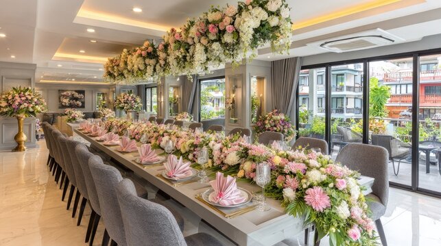 Elegant interior space prepared for a formal celebratory banquet with lavish floral arrangements