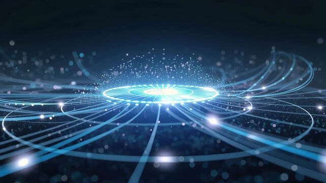Glowing circular data hub with radiating blue light trails and particle sparks hub circle data