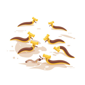 Several cartoon hammerhead worms interacting with a small grub