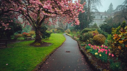 Fototapeta premium Lush park pathway curves past blooming ornamental trees and flowerbeds on an overcast day