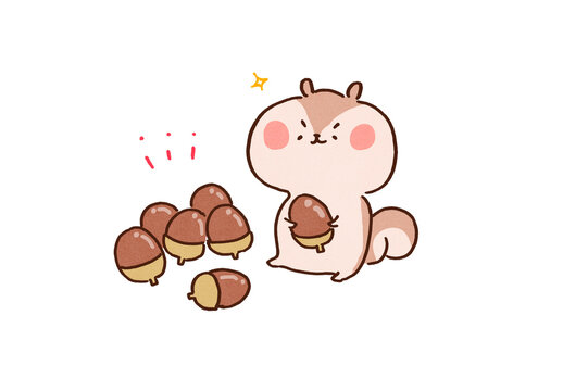 Squirrel with a pile of acorns, proud expression, autumn preparation