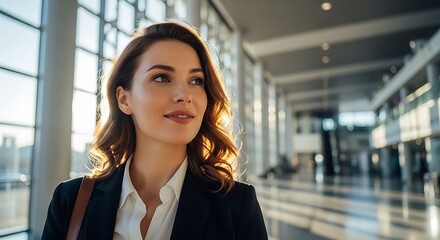 Fototapeta premium Confident businesswoman with wavy hair wearing a black blazer and white shirt standing in a sunlit modern airport terminal lobby during golden sunset