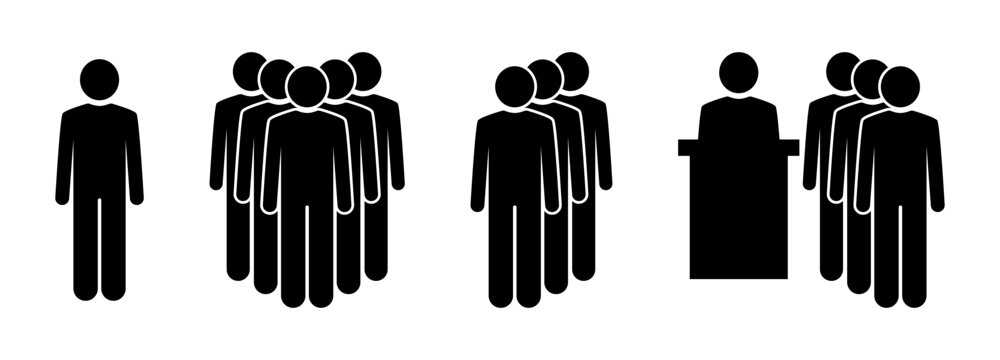 People icons set with single, group, crowd and speaker podium